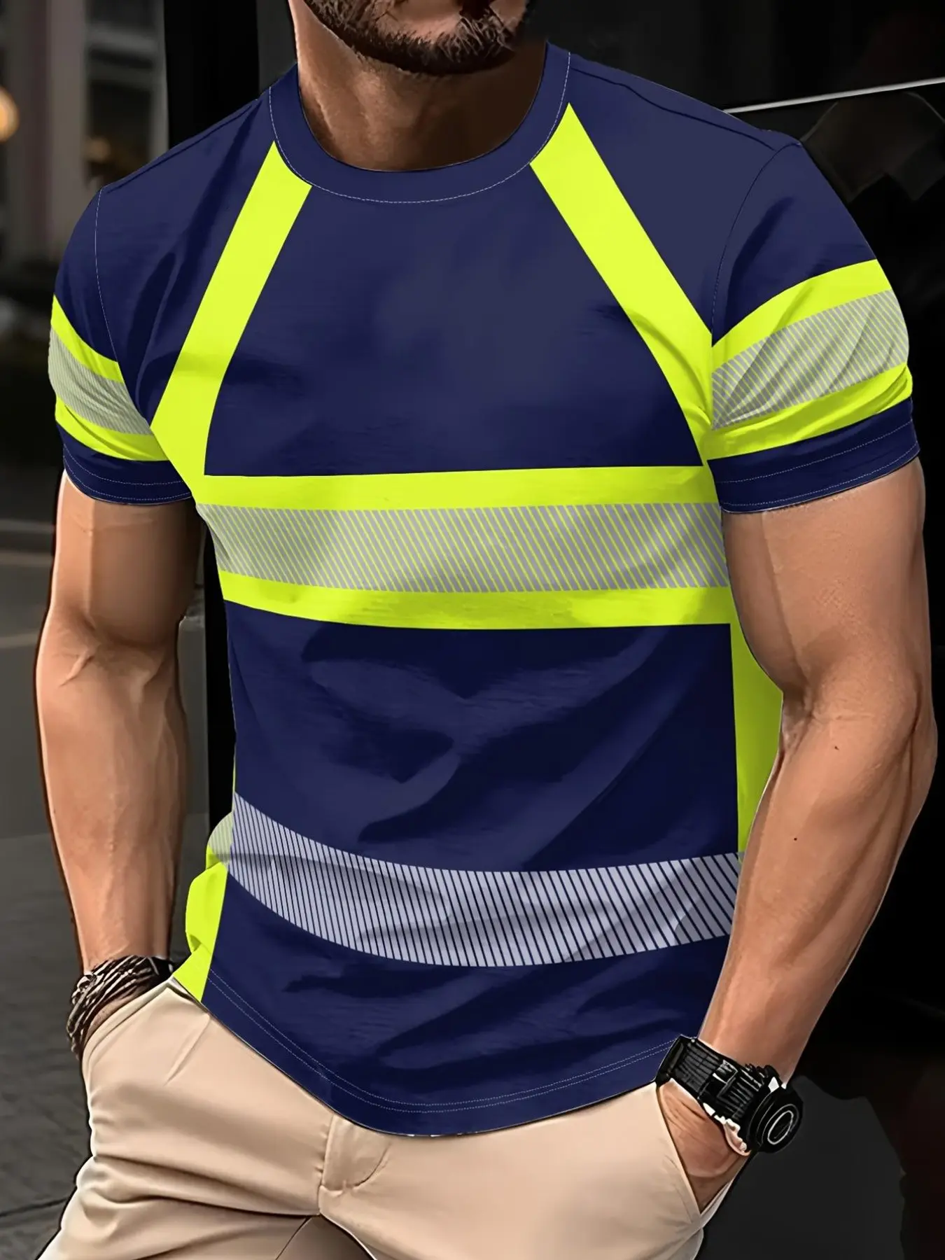 Men's summer outdoor casual short-sleeved T-shirt, lightweight and breathable fabric suitable for daily casual wear - machine washable round-neck short-sleeved top, outdoor sports Fitness shirt, Workwear Safety, bold print design, durable material