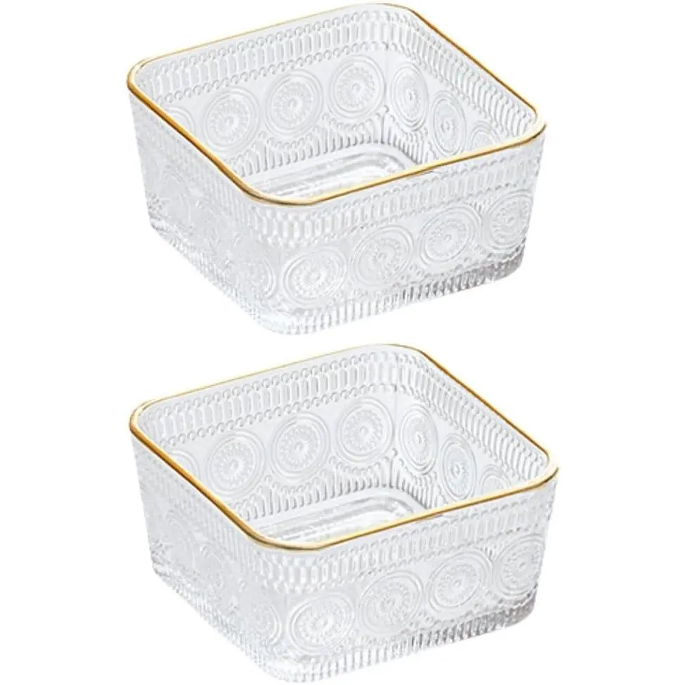 2 Pack 9 OZ Small Cute Luxury Glass Candy Dish Vintage Candy Bowl | Crystal Clear/Relief/Pretty/Square Bowls for Snack,Dessert,Fruit,Yogurt,Icecream,Side Dish/Decor for Office Desk Coffee Table