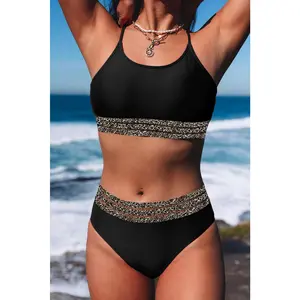 Black Rose Leopard Mesh Trim 2pcs Bikini Swimsuit