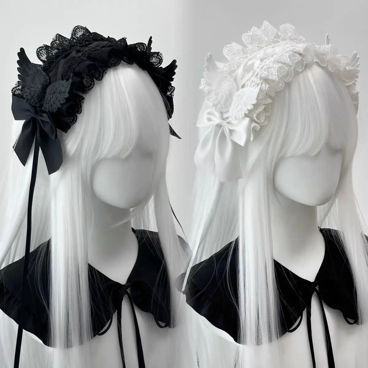 Black Wing Headband with Sweet Lace Bow, Gothic Lolita Angel Wings Accessory for Women, Halloween Subculture Style, Female, Gothic Theme, Wing Shape