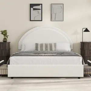 Queen Size Boucle Bed Frame with 2 Storage Drawers, Soft Upholstered Platform Bed Frame with Round Headboard, Heavy Duty, Wooden Slats, Noise Free, No Box Spring Needed, White
