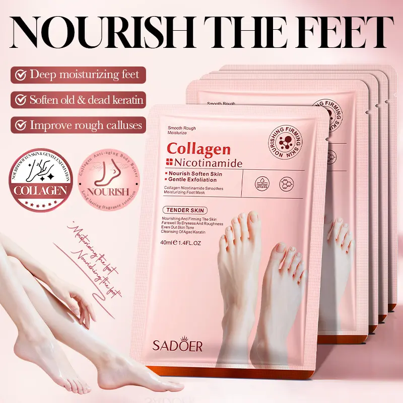 SADOER Collagen Foot Mask with Niacinamide Smooth Moisturizing Hydrating Exfoliating Softening Dead Skin Removal for Feet Skin Care Feet Peeling Mask