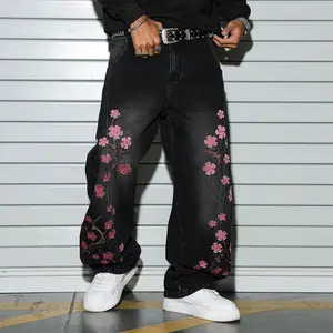 New for Autumn Men’s Black Washed Wide-Leg Jeans – Loose Denim Pants with Cherry Blossom Embroidery, Y2K Street Casual Long Pants, Suitable for Everyday Wear.