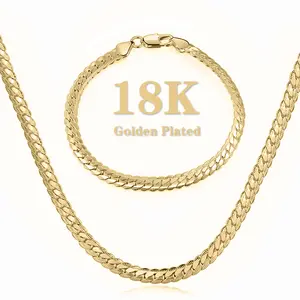 Shiny Statement 18K Gold-Plated 2-PieceSet Full Side Necklace & Bracelet Retro Style Stainless Steel Waterproof Sweat-Proof 5mm Width 22/24/26 Inches Perfect Christmas Gift
