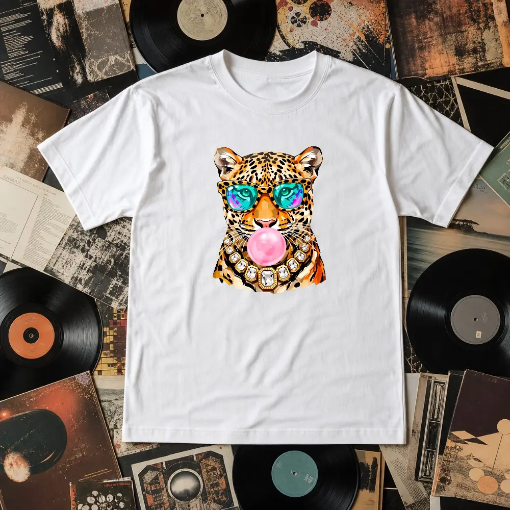 Cotton Streetwear Short-Sleeve Crew Neck T-Shirt - Black Top with Leopard Print, Bubble Gum Graphic and Cool Sunglasses Wild Cat Design
