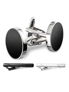 Men's Tie Clip Set, Classic Round Silver Color Cufflinks, 2-Piece Silver Tie Clips, Business Wedding Gift, Father's Day Present