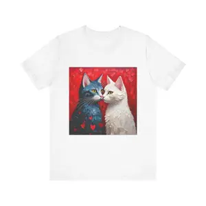 Men's love and affection between cats, Valentine's Day celebration Graphic T-Shirt - Short Sleeve Crew Neck Regular Fit Casual Wear | Soft & Breathable Fabric, Durable Print, Everyday Comfort, Machine Washable, artistic painting with mosaic-like texture
