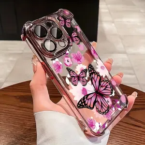 Powder Butterfly Electroplated Four-corner Anti-fall Mobile Phone Case Suitable for iPhone 16/15/14/13/12/11,E, Pro Max, Plus Mobile Phone Protective Cover Anti-fall Protection Shell Printed Pattern Soft Protective Case