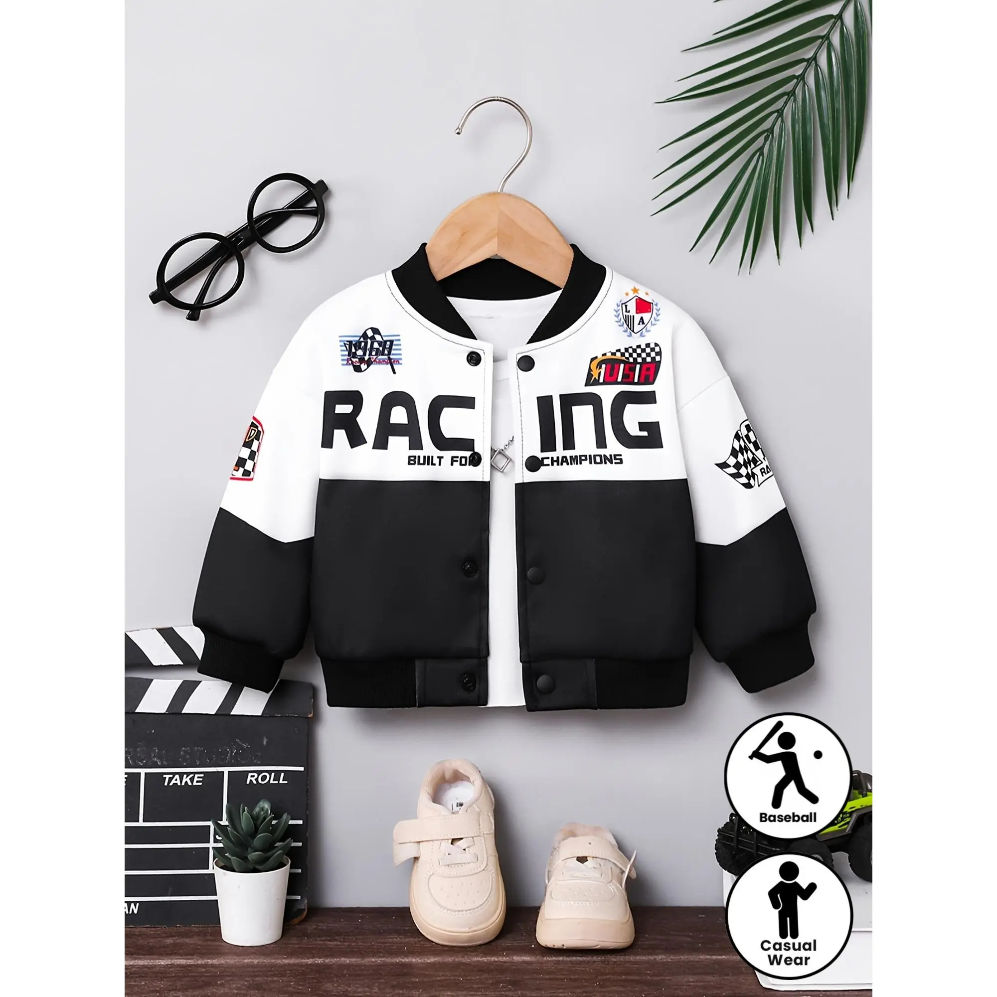 Boys' Polyester Letter-Print Baseball Jacket - Small Stand-Up Collar, Long Sleeve Casual Outerwear for 0-3 Years Old Baby Boys, Suitable for Autumn & Spring Outdoor Wear, Casual Wear, Alphabets