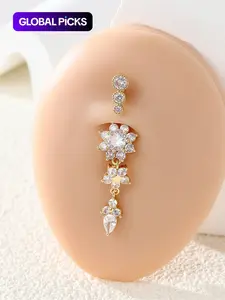1 Piece Minimalist Rhinestone Flower Navel Ring, Tassel Belly Button Ring, Simple Stylish Versatile Body Jewelry for Women