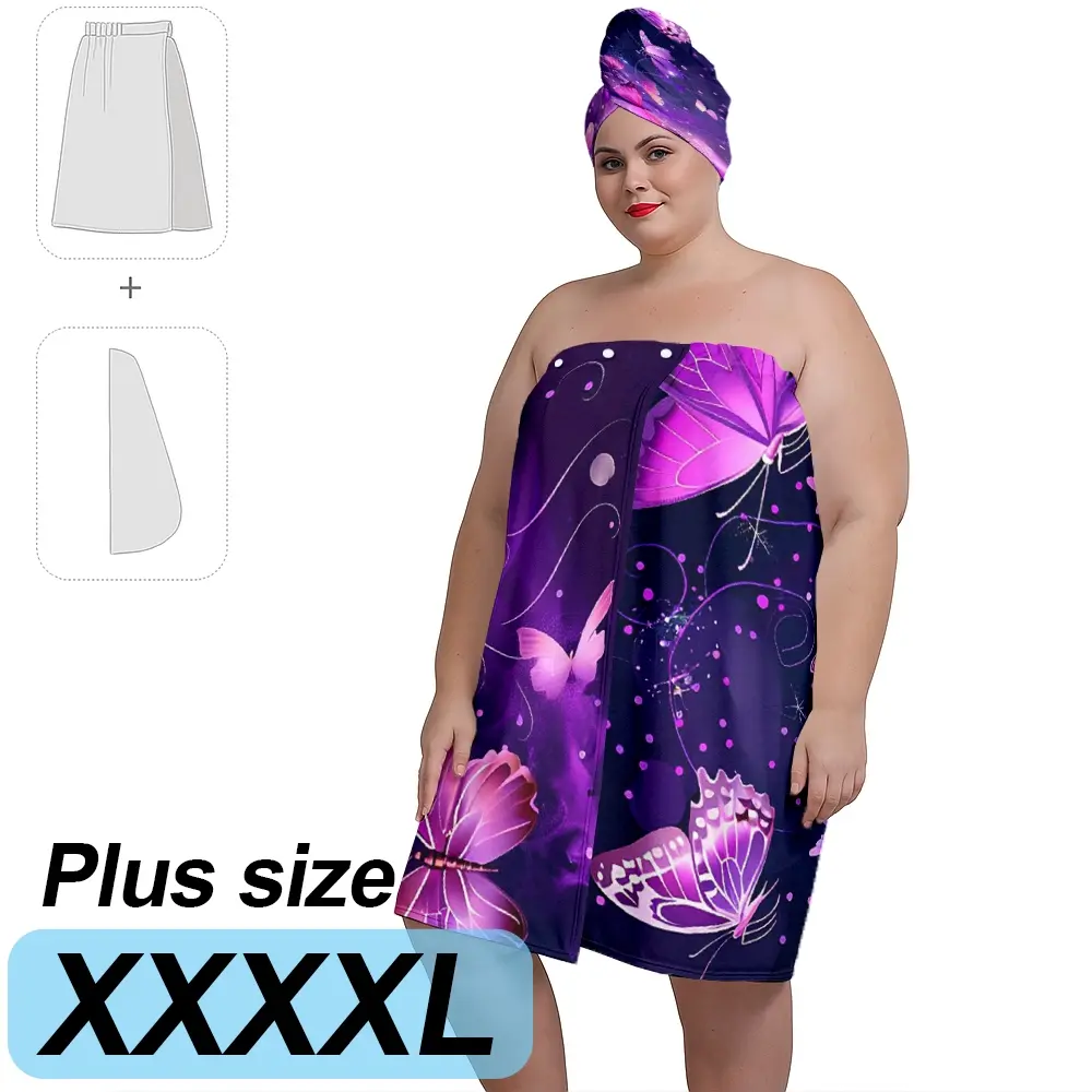 XXXXL plus size bath skirt set, dreamy purple butterfly design print, suitable for women, Bathing after the bath spa and swimming pool absorbent hair wrap. Home / travel essentials