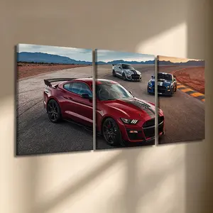 3 Counts/set Car Pattern Canvas Painting with Wooden Frame, Modern Cool Design, Unique Artwork, Three Sports Cars Canvas Wall Art, Red, Silver and Blue Muscle Cars Print on Desert Race Track, Automotive Decor for Living Room, Man Cave Office Home Decor