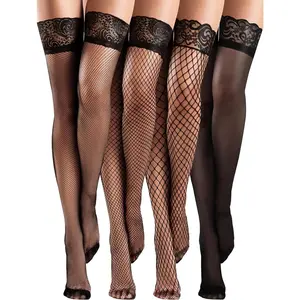 4 Pairs Fishnet Thigh High Stocking for Women Silicone Lace Top Sheer Over Knee Stockings