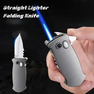 Metal folding knife lighter, multifunctional folding knife, personalized and creative, suitable for men, outdoor emergency essential, holiday gift, father boyfriend gift (excluding fuel)