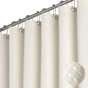 Ivory Waffle Textured Shower Curtain Heavy Duty 256GSM Polyester with 12 Hooks for Bathroom Decor