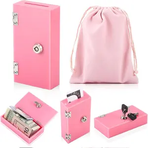 1 Pack Acrylic Money Bank Box for Gambler, Winners Portable Safe Casino Pocket Sized Cash Box with Keys and Storage Bag, Cash Gift for Gambler Winners(Pink)