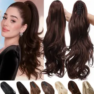 18" Claw Clip In Ponytail Hair Extensions Synthetic Long Curly Ponytail Claw On Pony Tail Hair Extension Body Wave Wavy Looking Hairpiece For Women