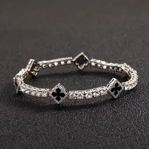 Iced Out Charm Lucky Clover 4mm Tennis Bracelet Black Drip Oil Micro Paved Cubic Zircon Chain For Men Women Jewelry