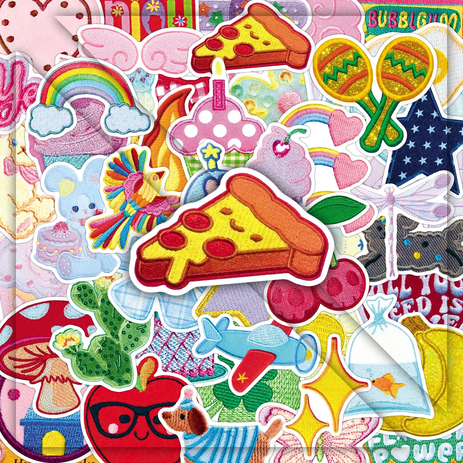 50pcs Embroidered Fabric Stickers - Cartoon, Cute, Aesthetic Design for DIY Journal, Water Bottle, Luggage Decoration, Sticker Packs, DIY Decorative Stickers