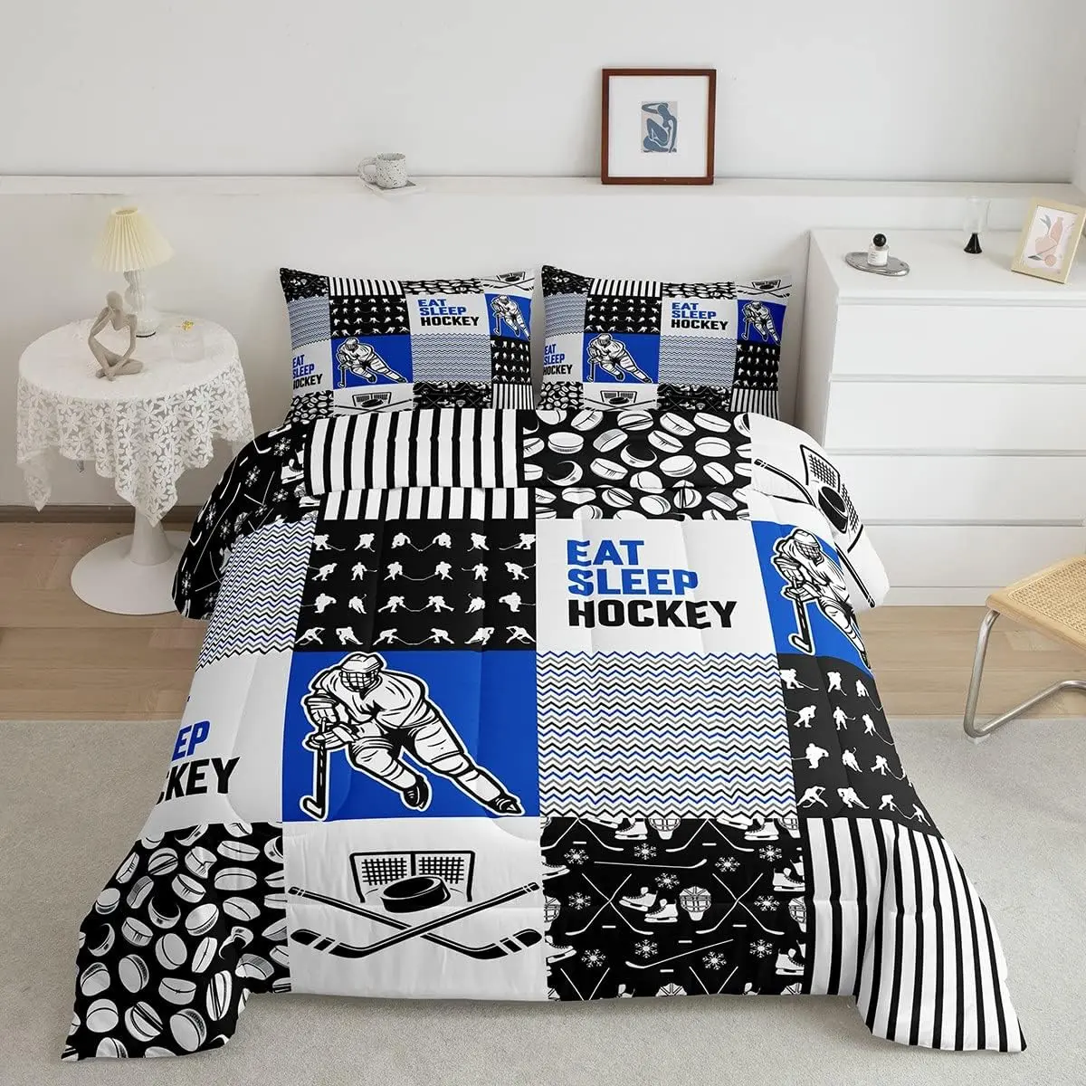 Feelyou Microfiber Bedding Set - Hockey Player Sports Theme Comforter, Queen Size Option, Lightweight Warmth, Machine Wash Easy Care, Bedroom RV Travel-Friendly Patchwork Quilt for Boys, No, Set Includes
