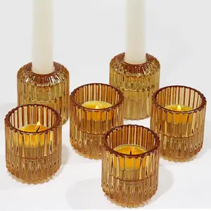 Ribbed Glass Taper Candlestick Holders Set of 6 Tealight Votive Candle Holder Bulk for Table Centerpieces,Party, Wedding and Home Decor