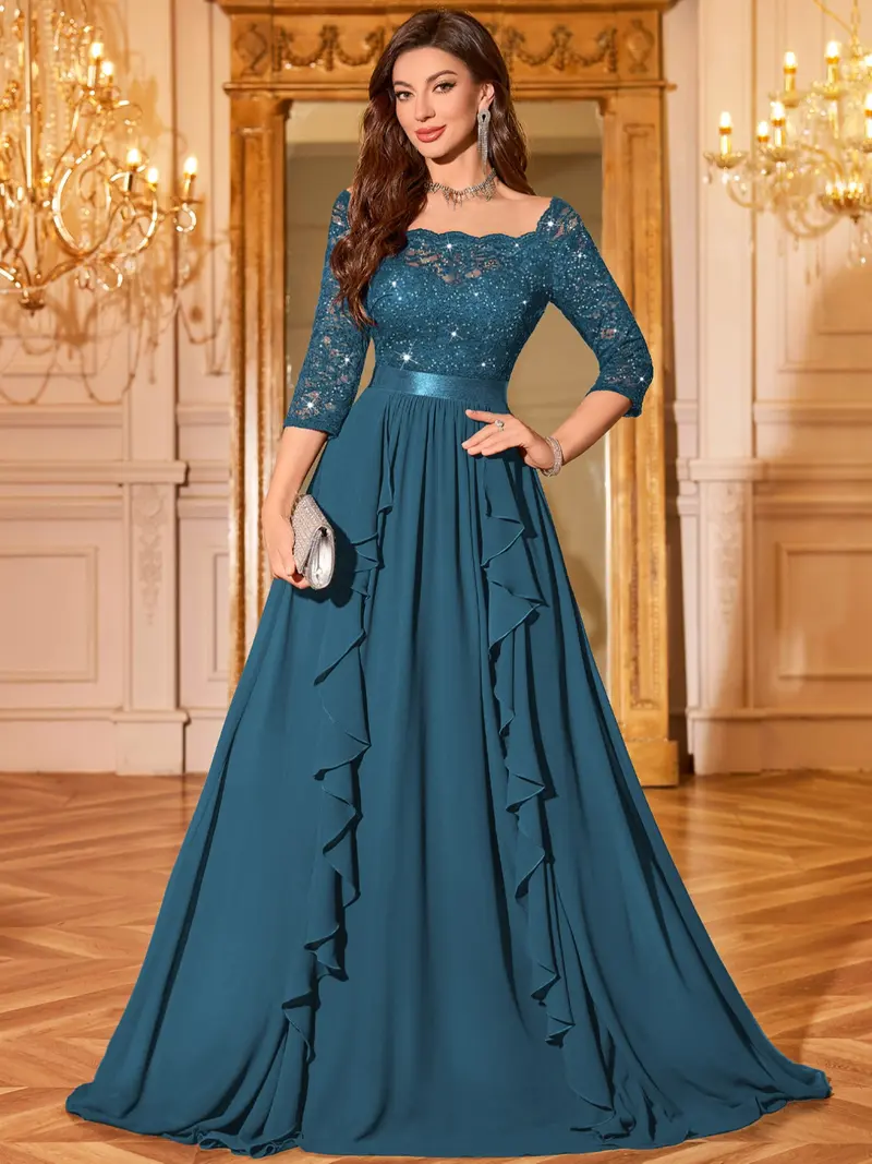 3/4 length evening dresses Long Sleeve Mother of the Bride Formal Dress