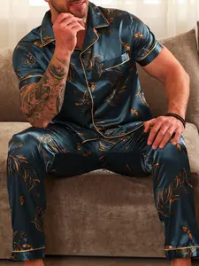Men's Leaf Print Short Sleeve Long Pants Button Open Front Collar Sleepwear Set, Comfortable Daily Night Wear, Ideal Home Leisure Choice