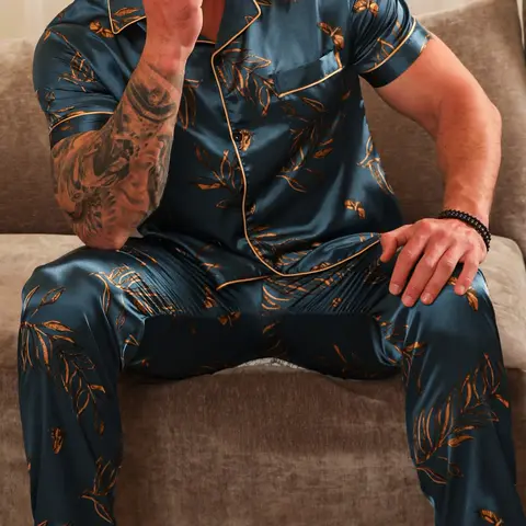 Men's Leaf Print Short Sleeve Long Pants Button Open Front Collar Sleepwear Set, Comfortable Daily Night Wear, Ideal Home Leisure Choice