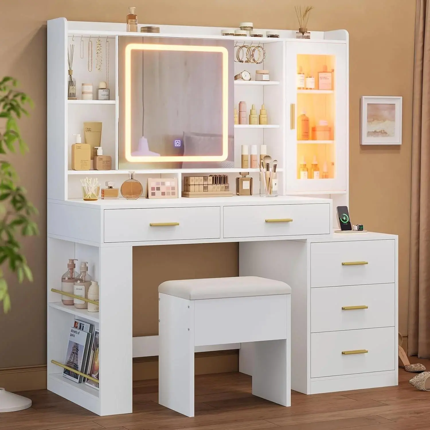 Sikaic Makeup Vanity Desk with Sliding LED-Lighted Mirror, White Bedroom Furniture for Beauty Organization