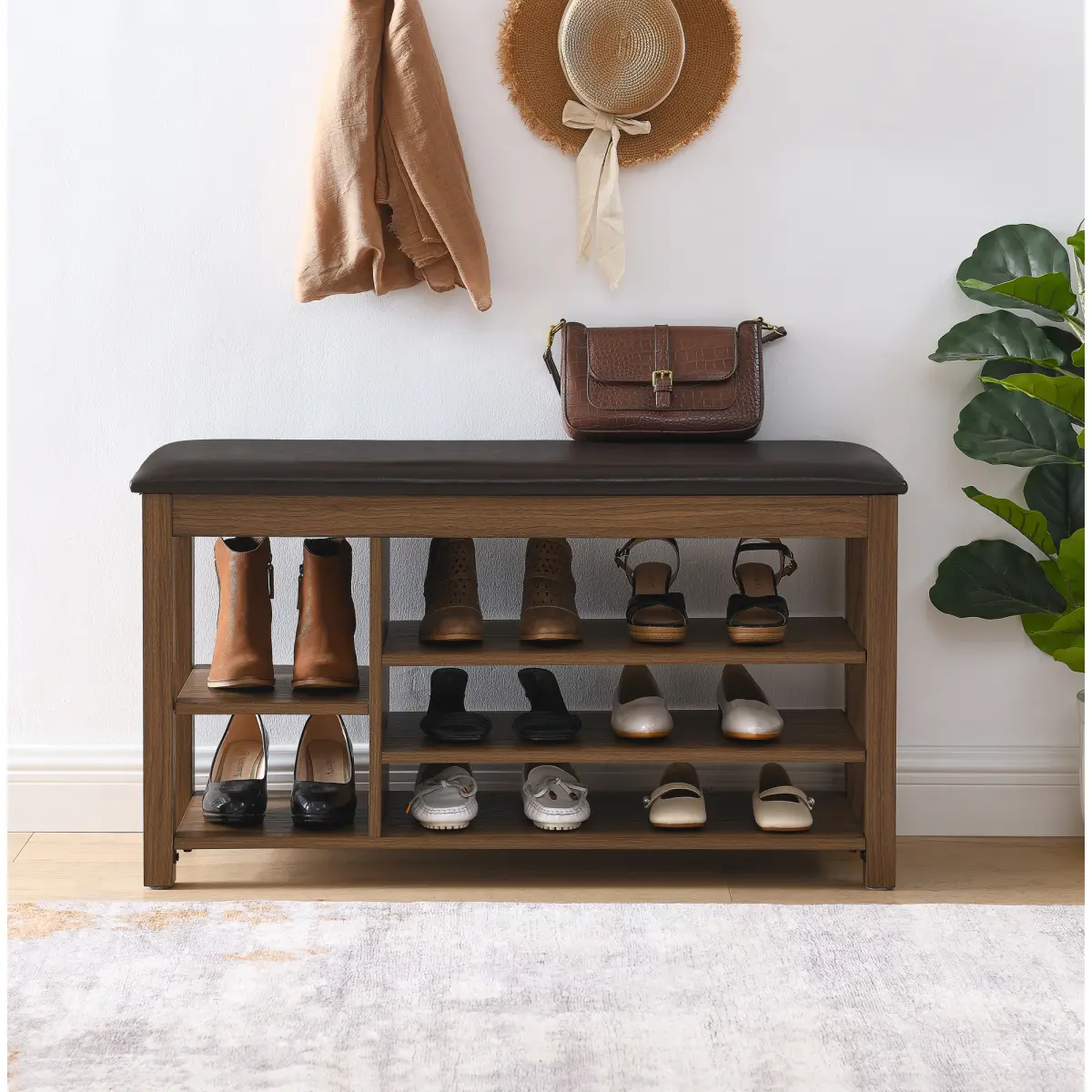 Nordic Entryway Shoe Bench with Rubberwood Frame, PU Leather Cushion, 3-Tier Multi-Level Floor-Standing Organizer, Hidden Under-Seat Ventilated Rack, 400LBS High Capacity Heavy Load Holder, 39.5x12x22in, DIY Assembly, Dual-Purpose Entryway Shoe Storage, H