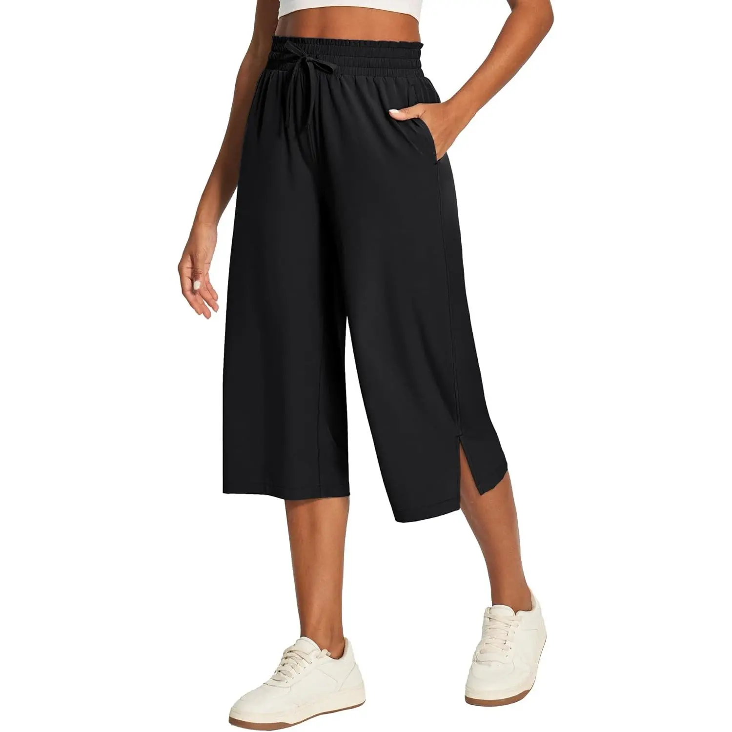 Ewedoos Women's High Waisted Drawstring Capri Pants - Lightweight, Quick Dry, Wide Leg Gaucho Bottoms for Everyday Casual Wear