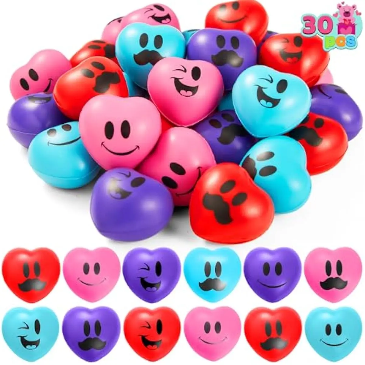 30 Pcs Valentine's Day Heart Shape Stress Ball, Valentines 1.5 inch Heart Ball Squishy Toy Exchange Gift for Kids, Stress Relief Party Favors, Holiday Reward Prizes