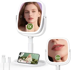 Height Adjustable Lighted Makeup Mirror with Lights and Magnification, 1X 20X Magnifying Mirror with Light 4000mAh Rechargeable, Tray Base and Phone Stand for Desk, Gifts for Women(White)