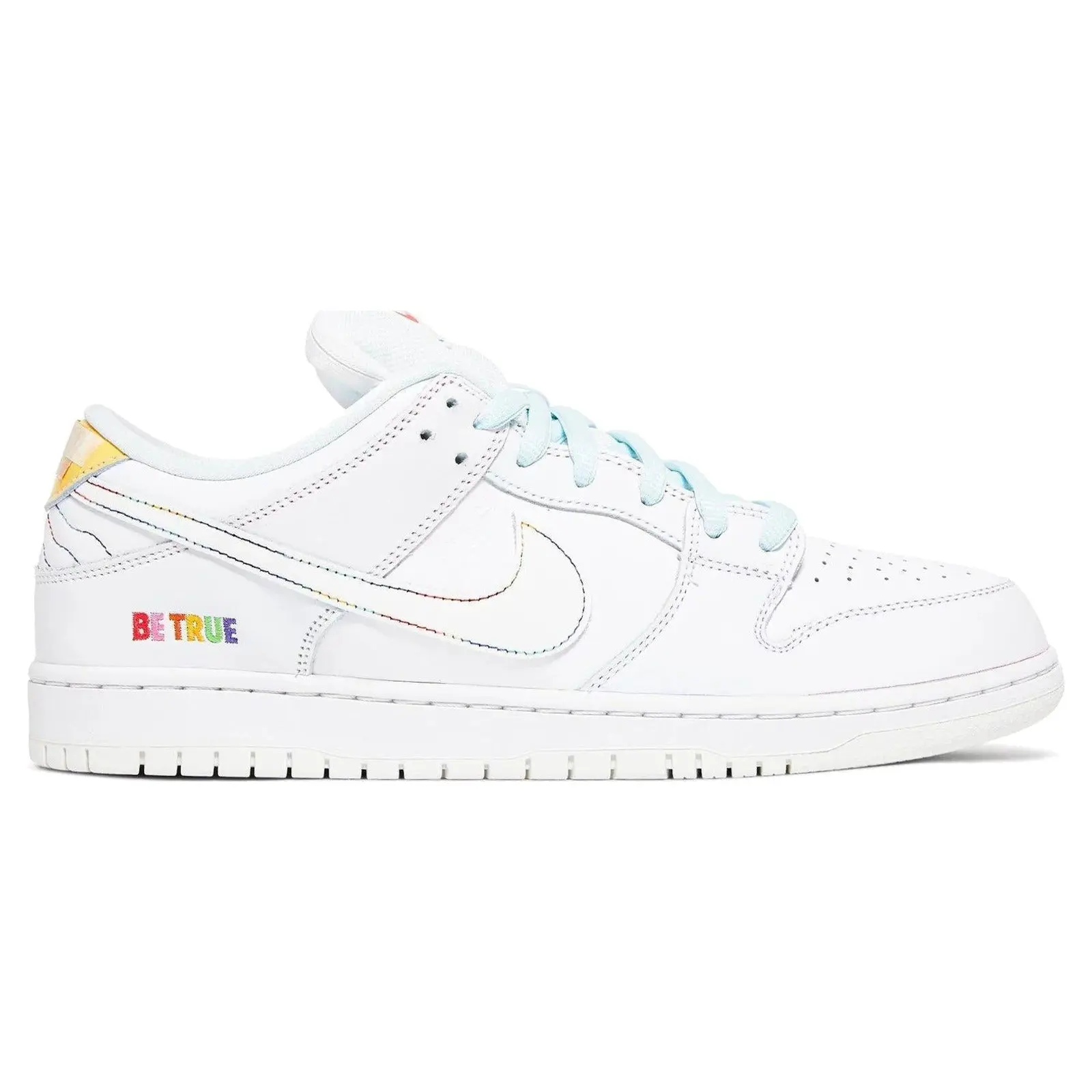 NIKE SB Dunk Low Pro 'Be True' White Leather Sneaker with Rainbow Accents, Unisex Casual Athletic Footwear - DR4876-100, Shoe, Brand New, Original, Unisex Fit, Laces Casual Trainers, Us M 10, No