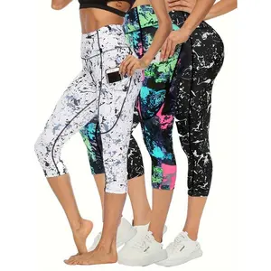 3PackWomen'sGraffitiPrintYogaCaprisPants,HighElasticity,SkinnyFit,ButtLifting,GymSportsLeggings