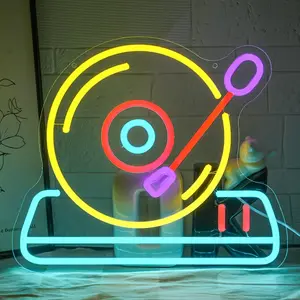 Retro Neon Record Player Wall Light - Dimmable LED Music Decor - Vintage Turntable Design with USB Power - Multicolor Lighting (Purple, Pink, Green, Red, Yellow, Orange, Brown) - for Bedroom, Living Room, Home Theater, Music Studio, Party - No Batteri