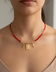 Adjustable Red Thread Necklace with Crystals and Religious and Cross Pendants in Brass with 18k Gold Plating
