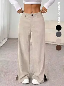 Women's Plain Retro High-End Split Wide-Leg Loose Corduroy Casual Pants - All-Seasons, Comfortable, Fashionable, Ideal for Daily Wear & Outdoor Activities