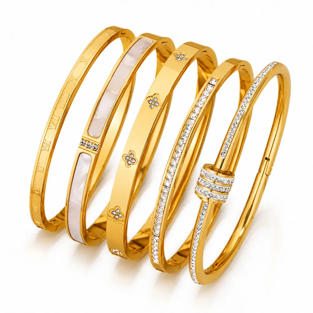 Women's 5-Piece Tarnish-Proof Stainless Steel Stackable Bangle Set - Minimalist Bracelet for Daily Wear, Gifting