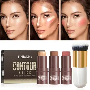 Waterproof Cream Contour Stick Set with Highlighter Pen, Blush & Bronzer, Powder Brush, Medium-Coverage Contouring Stick Suitable for All Skin Types