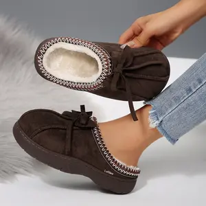 Women's Comfortable Mini Snow Bowtie Slippers Fleece Lined Suede Slip-On House Indoor Outdoor Shoes