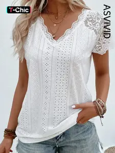 Women's Sheer Lace Eyelet Embroidered Solid Color Tee Blouse, Elegant Short Sleeves for Summer, Daily Wear