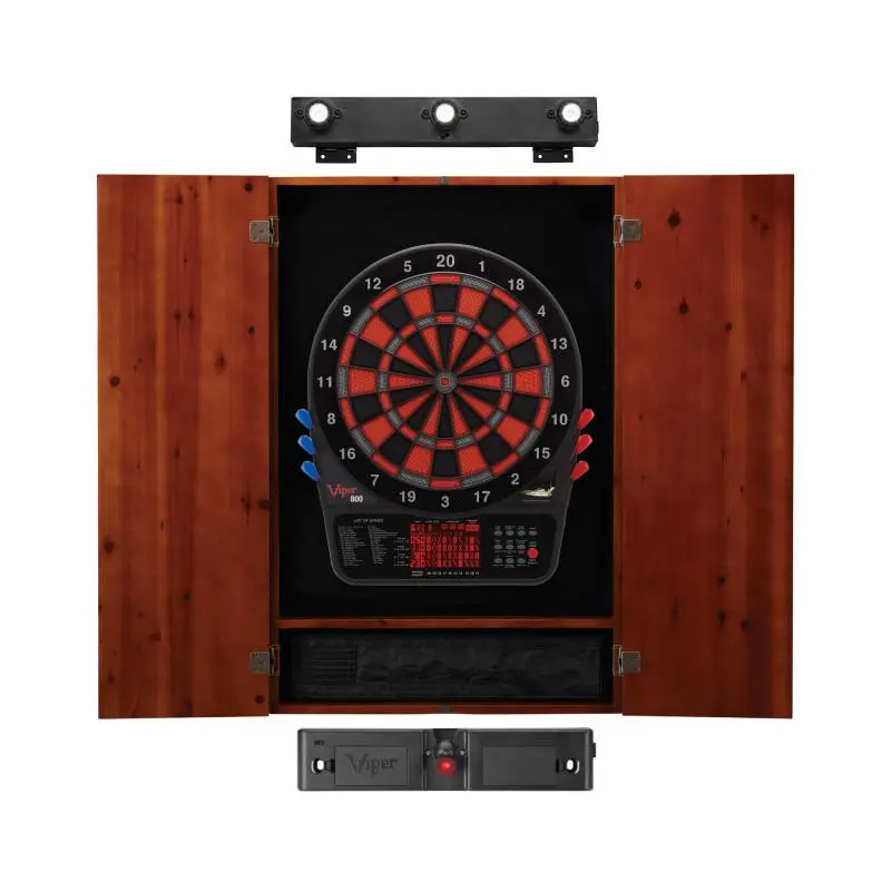 Metropolitan Electronic Darts Board Cabinet Set in Pine Wood with a Cinnamon Finish, Laser Throw Line, Overhead Light, and Digital Scoreboard