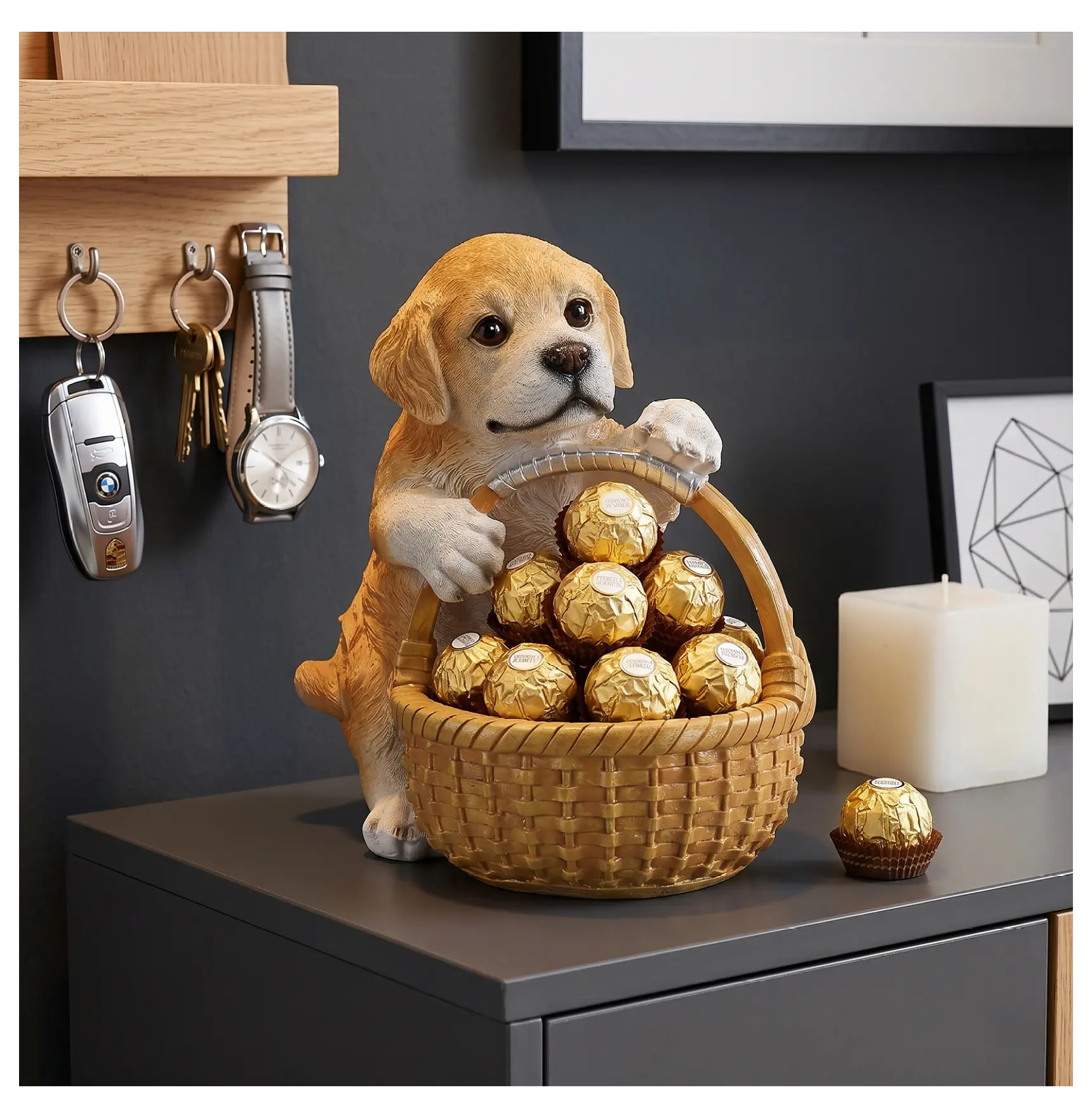 Resin Golden Retriever Statue with Sturdy Storage Basket, Realistic Fur Texture Compact Figurine - 8"h x 6"w x 6"d Beige+Yellow Home Decor Accent, Pet Lover Gift for Bedroom Entryway