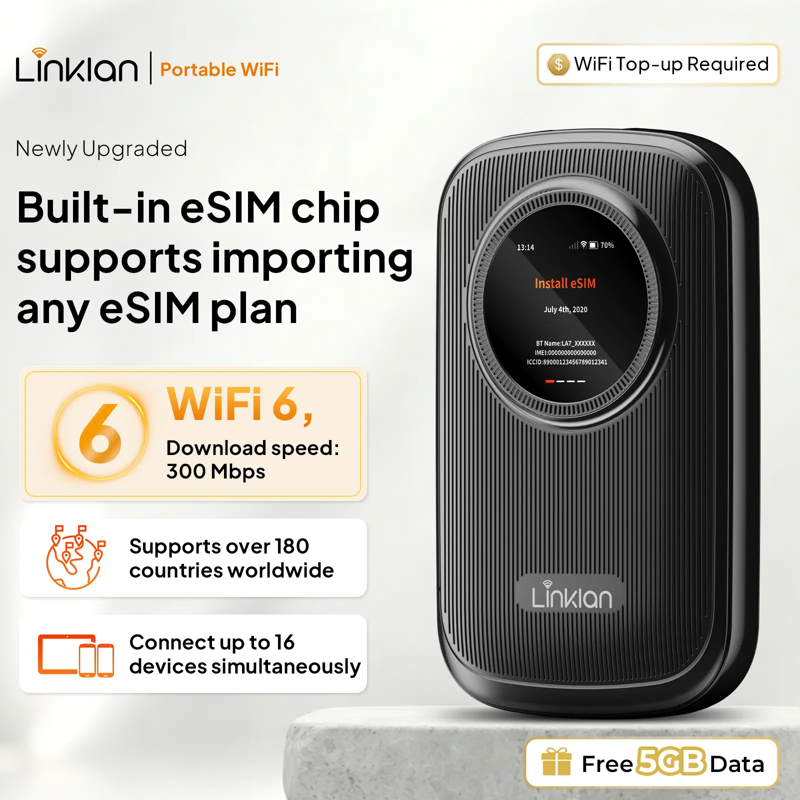 LINKLAN Global Portable eSIM WiFi Hotspot,Built-in eSIM chip，Dual-band , 300Mbps 4G LTE, LED Display No SIMCard/Contract Needed, 16Devices,180+ Countries, for Travel, Car, RV, & Outdoor[Free 5GB US Data]