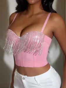 Apperloth Studio Women Sexy Pink Rhinestone Fringe Spaghetti Strap Crop Top - Glittery Bustier Corset Camisole for Party Club Night Out