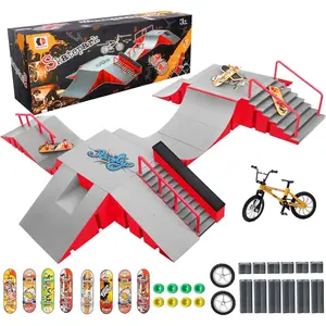 14-in-1 Bigger Finger Skateboard Park Kit Set with 14 Ramps 8 Fingerboards 1 Finger Bike Fingerboard Skatepark Half Pipe Toys Gifts for Ages 3+