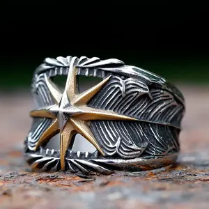 New 316L Stainless Steel Octagram Feather Ring, Hollow Punk Rock Rap Biker Jewelry, Creative Gift for Men
