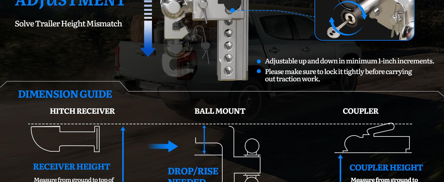 Adjustable Trailer Hitch - Fits 2.5" Receiver, Tri-Ball Mount & Hook (1-7/8", 2" & 2-5/16"), 8" Drop/Rise Tow Hitch, Aluminum Heavy Duty Truck Hitches for Trailer, 12,000 LBS GTW, Slivery Adjustable Trailer Hitch - Fits 2.5" Receiver, Tri-Ball Mount & Hook (1-7/8", 2" & 2-5/16"), 8" Drop/Rise Tow Hitch, Aluminum Heavy Duty Truck Hitches for Trailer, 12,000 LBS GTW, Slivery