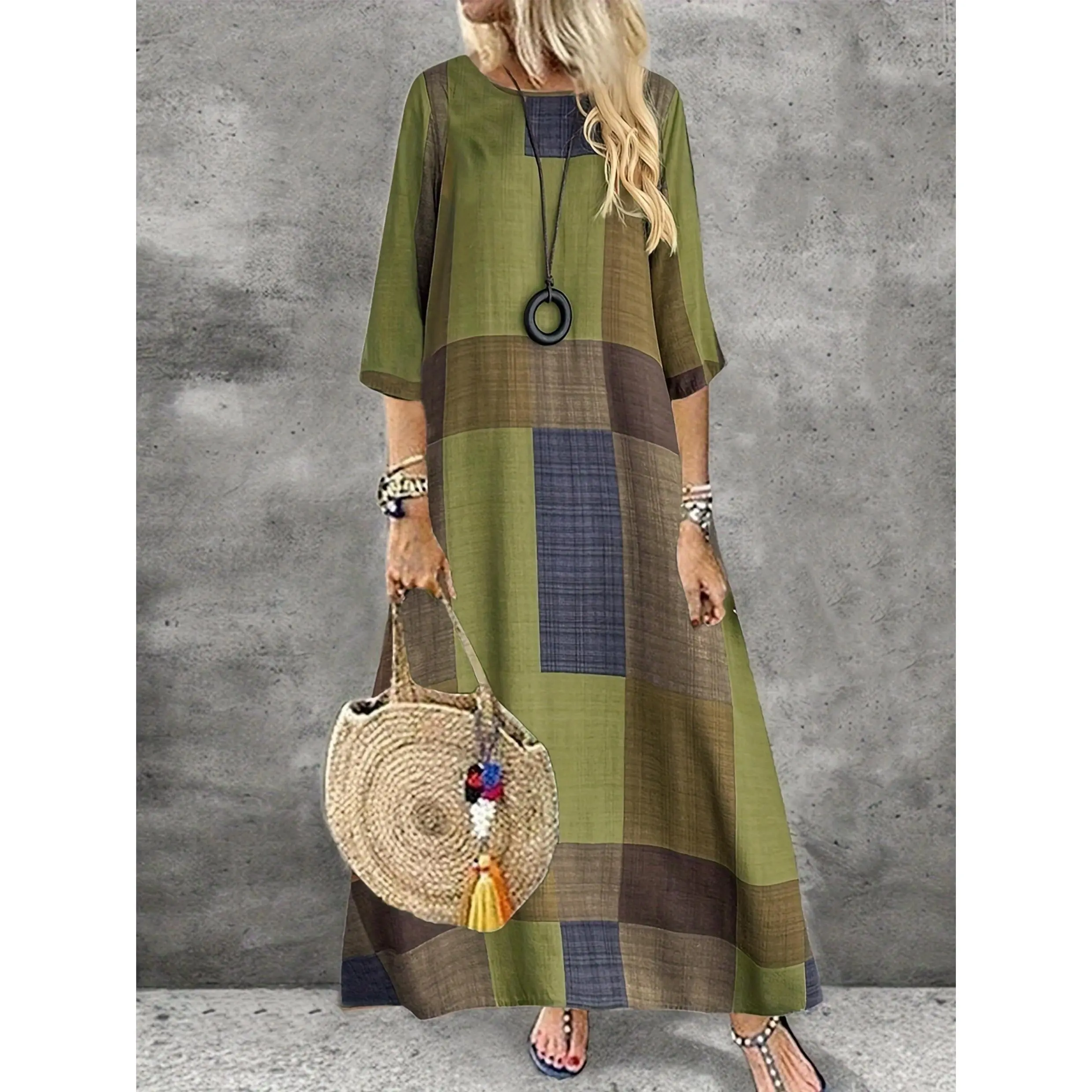 Vintage-Inspired Geometric Plaid Maxi Dress for Women - Olive Green, Brown & Beige Patchwork Design, Round Neck, Half Sleeve, Lightweight Polyester Blend, Casual to Chic Style, Comfortable Attire | Retro Geometric Dress | Earthy Tone Design, Cute Dresses